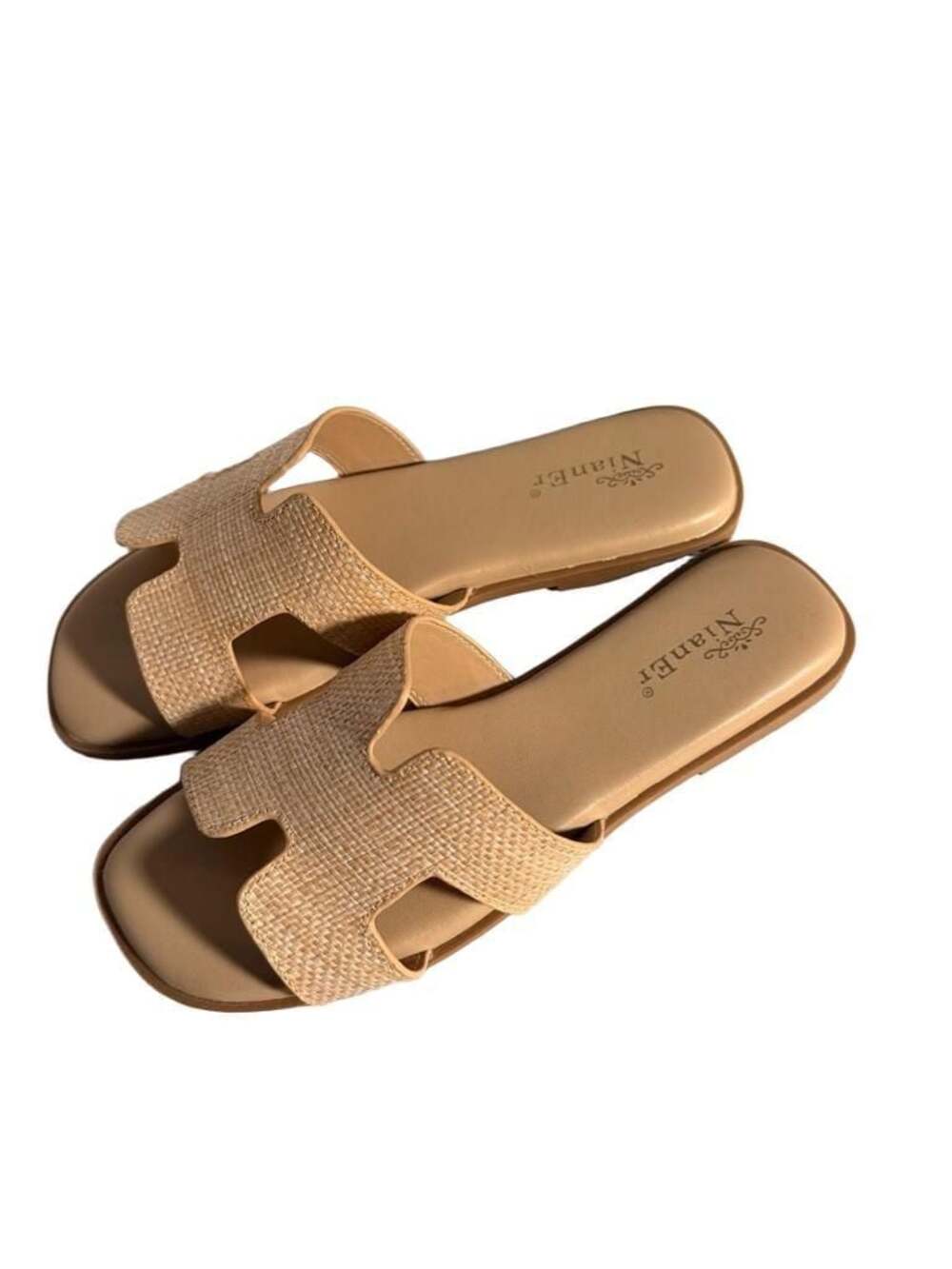 NianEr H-Strap Raffia Flat Slide Sandals, Tan, Size 7
